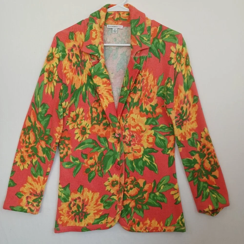 Isaac Mizrahi Live Sweater Cardigan Two Button Collared Salmon Yellow‎ Floral Sm